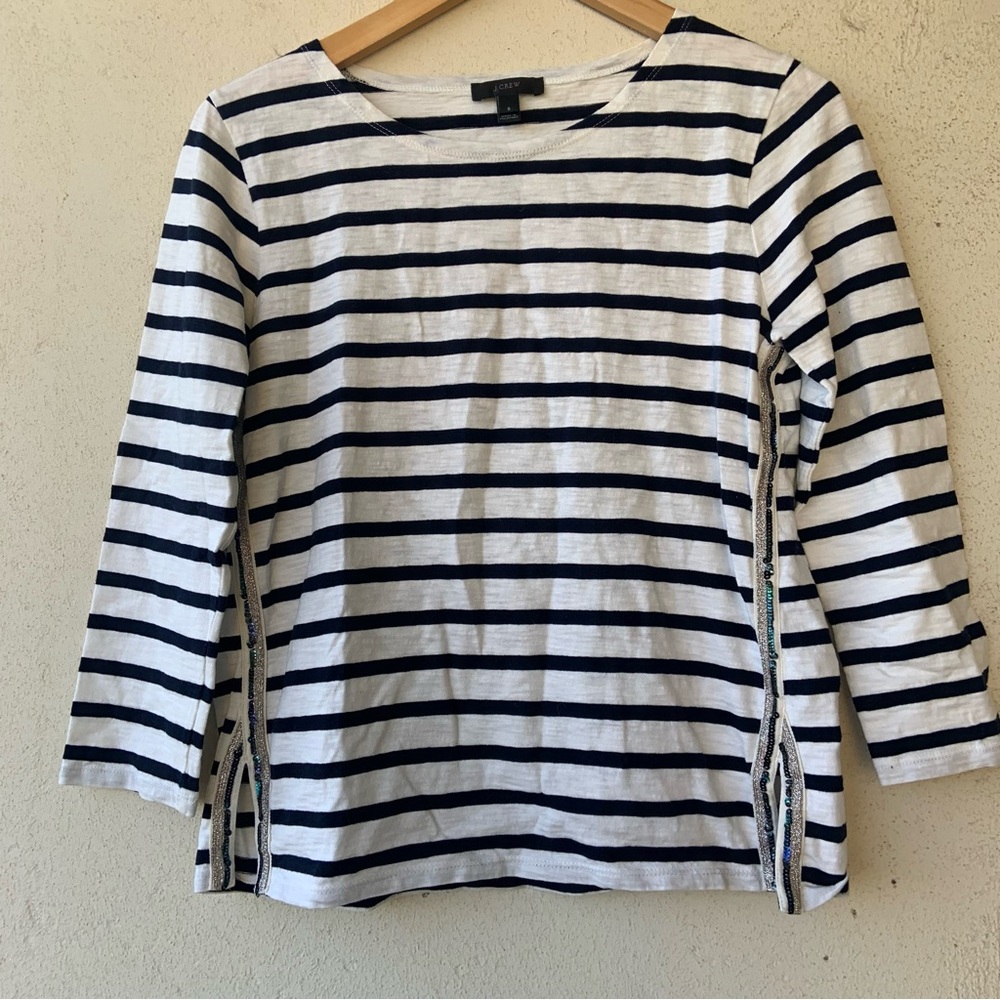 J Crew Navy Blue and White Striped 3/4 Sleeve Crew Neck Blouse